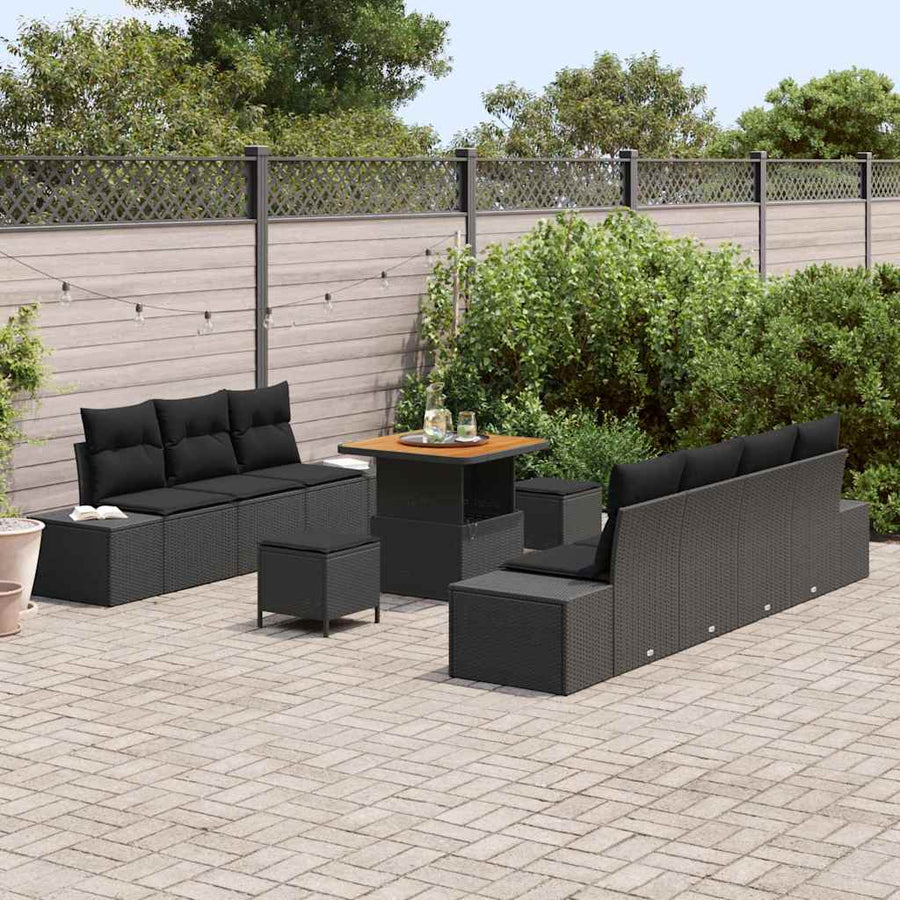 Tuinbankenset met kussen met opslag 10 pcs Zwart Poly riet
