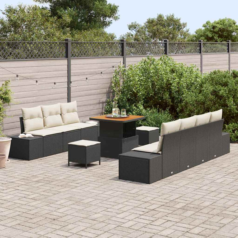 Tuinbankenset met kussen met opslag 10 pcs Zwart Poly riet
