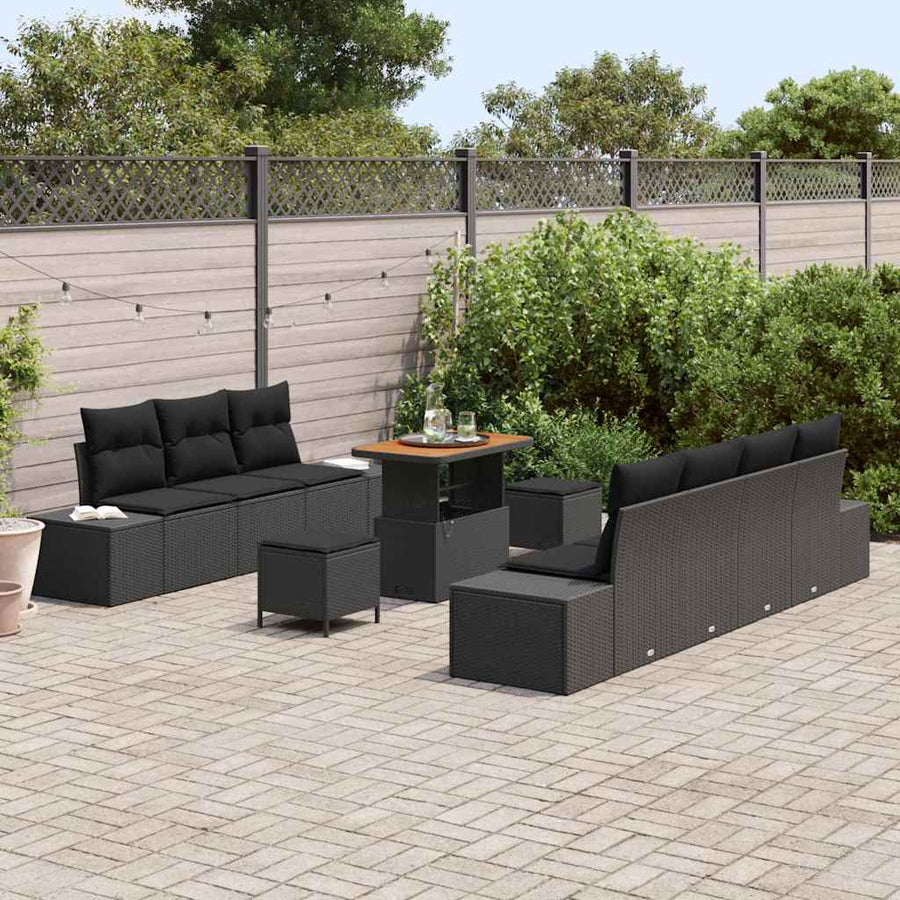 Tuinbankenset met kussen met opslag 10 pcs Zwart Poly riet