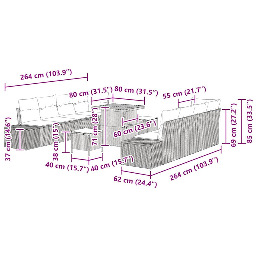 Tuinbankenset met kussen met opslag 11 pcs Zwart Poly riet