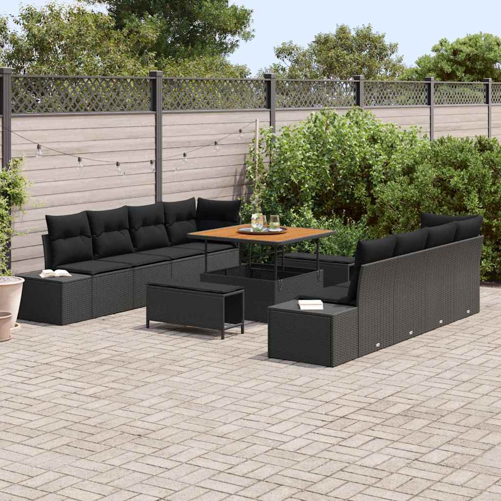 Tuinbankenset met kussen met opslag 11 pcs Zwart Poly riet