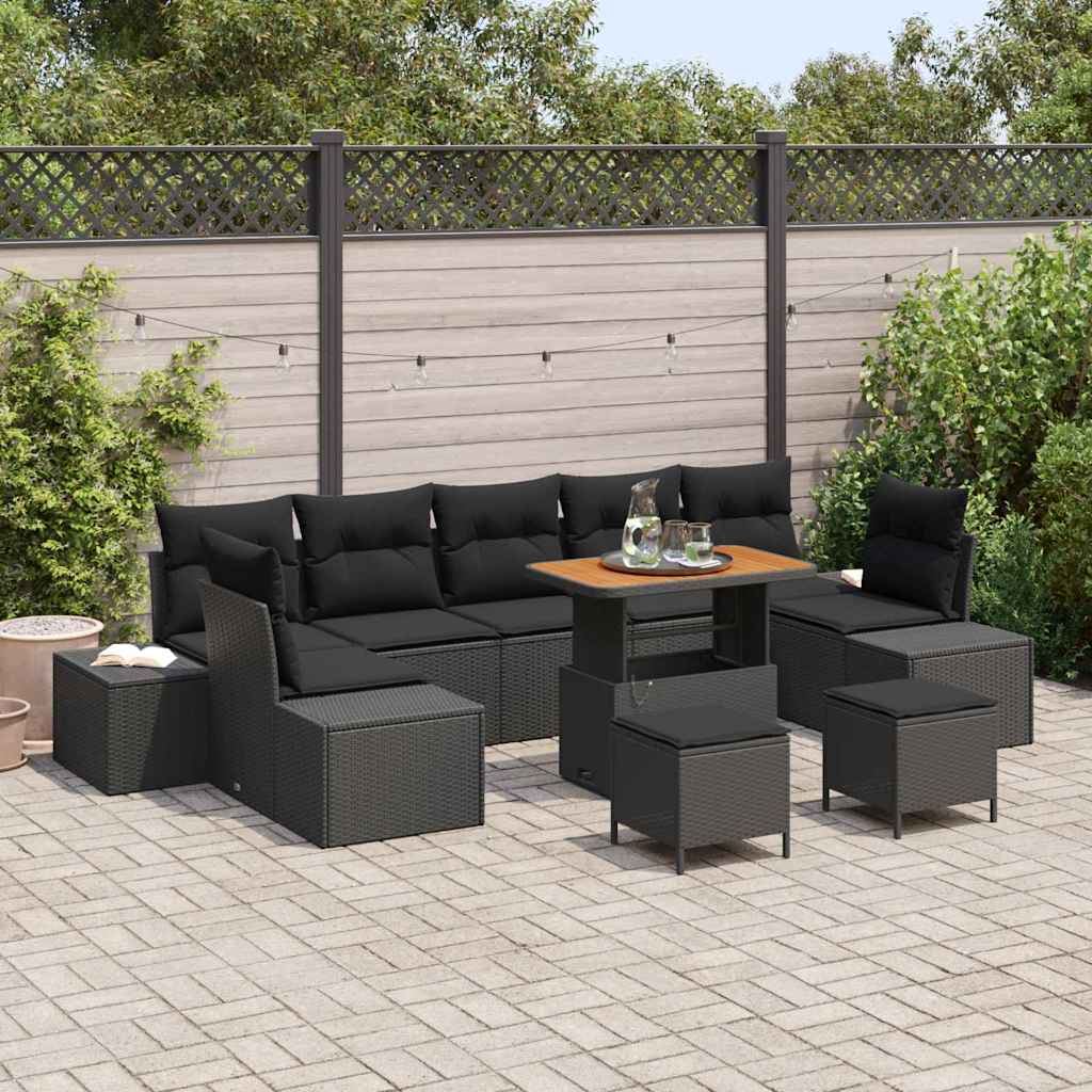 Tuinbankenset met kussen met opslag 10 pcs Zwart Poly riet