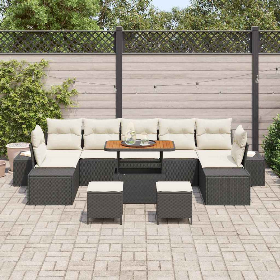 Tuinbankenset met kussen met opslag 10 pcs Zwart Poly riet