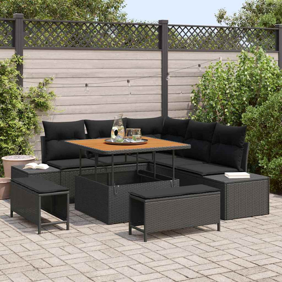 Tuinbankenset met kussen met opslag 8 pcs Zwart Poly riet