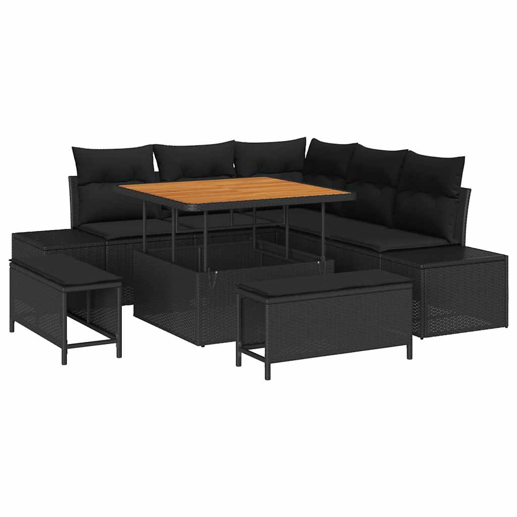 Tuinbankenset met kussen met opslag 8 pcs Zwart Poly riet