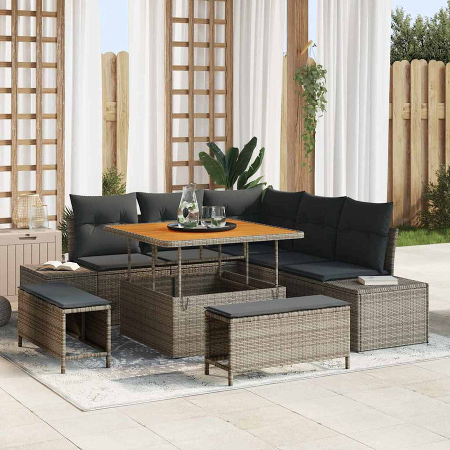 Tuinbankenset met kussen met opslag 8 pcs Grijs Poly riet