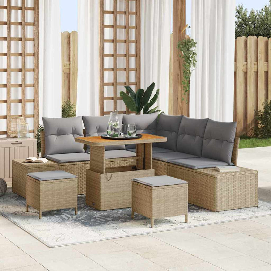 Tuinbankenset met kussen met opslag 8 pcs Beige Poly riet