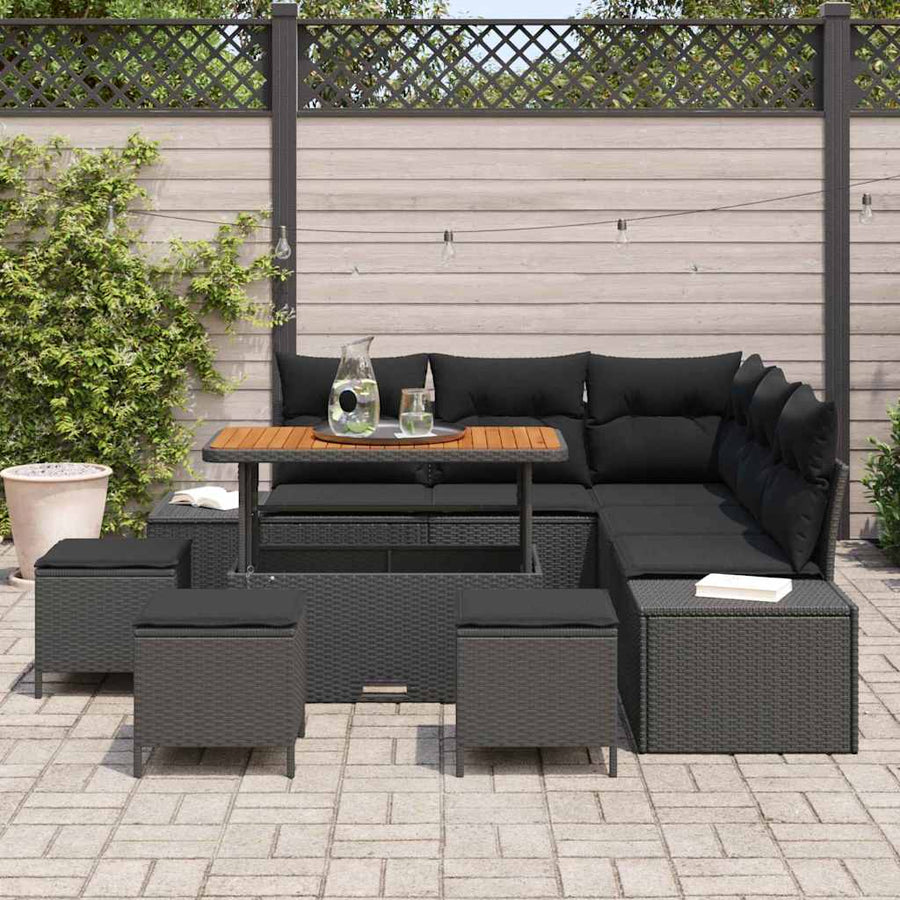 Tuinbankenset met kussen met opslag 9 pcs Zwart Poly riet