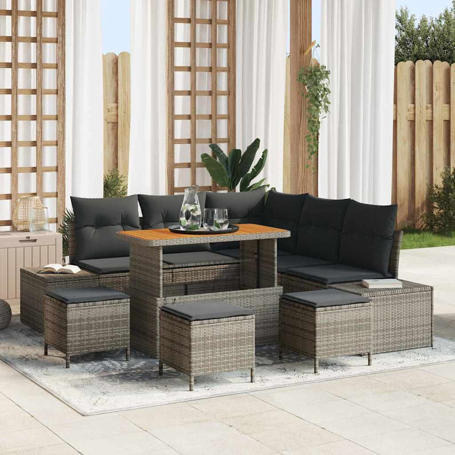 Tuinbankenset met kussen met opslag 9 pcs Grijs Poly riet