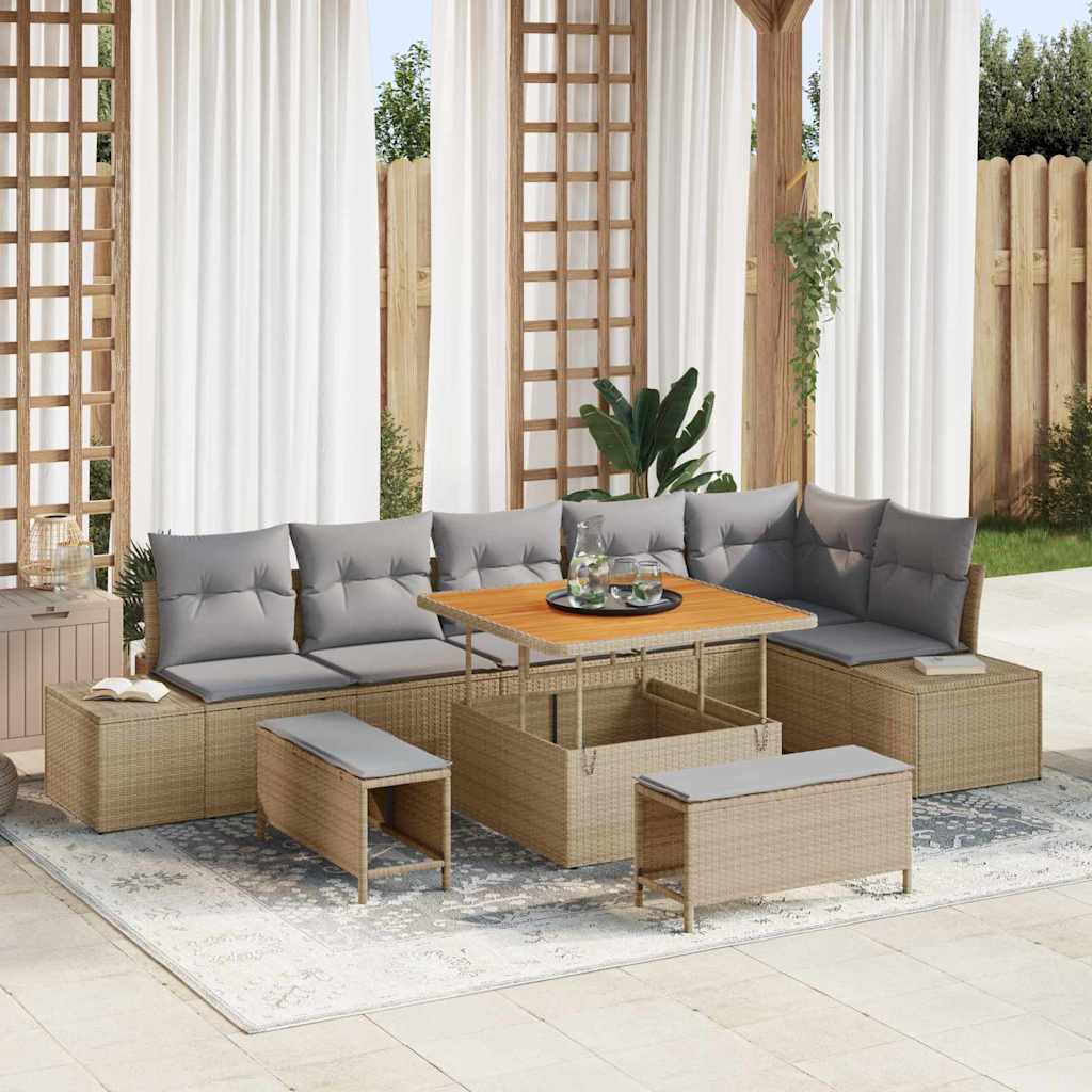 Tuinbankenset Met Kussen Met Opslag 9 Pcs Poly Riet 100 cm tafellengte beige en lichtgrijs