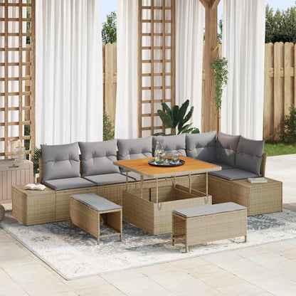 Tuinbankenset Met Kussen Met Opslag 9 Pcs Poly Riet 100 cm tafellengte beige en lichtgrijs