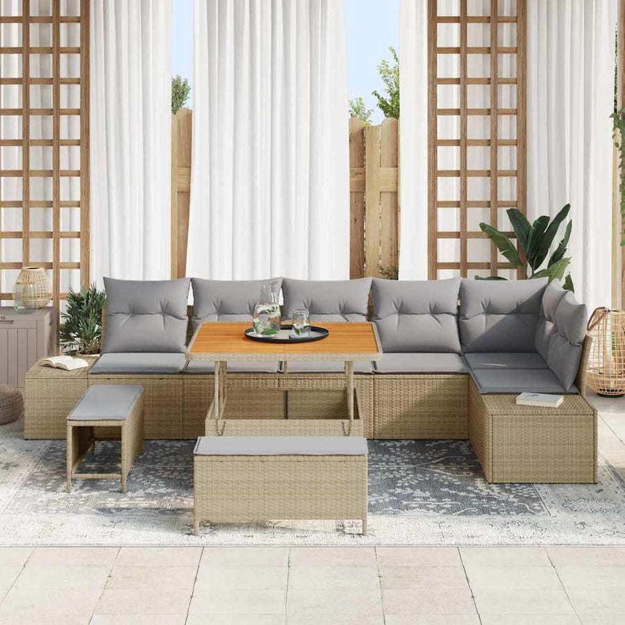 Tuinbankenset Met Kussen Met Opslag 9 Pcs Poly Riet 100 cm tafellengte beige en lichtgrijs