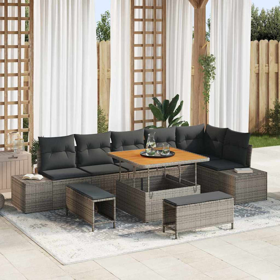 Tuinbankenset met kussen met opslag 9 pcs Grijs Poly riet
