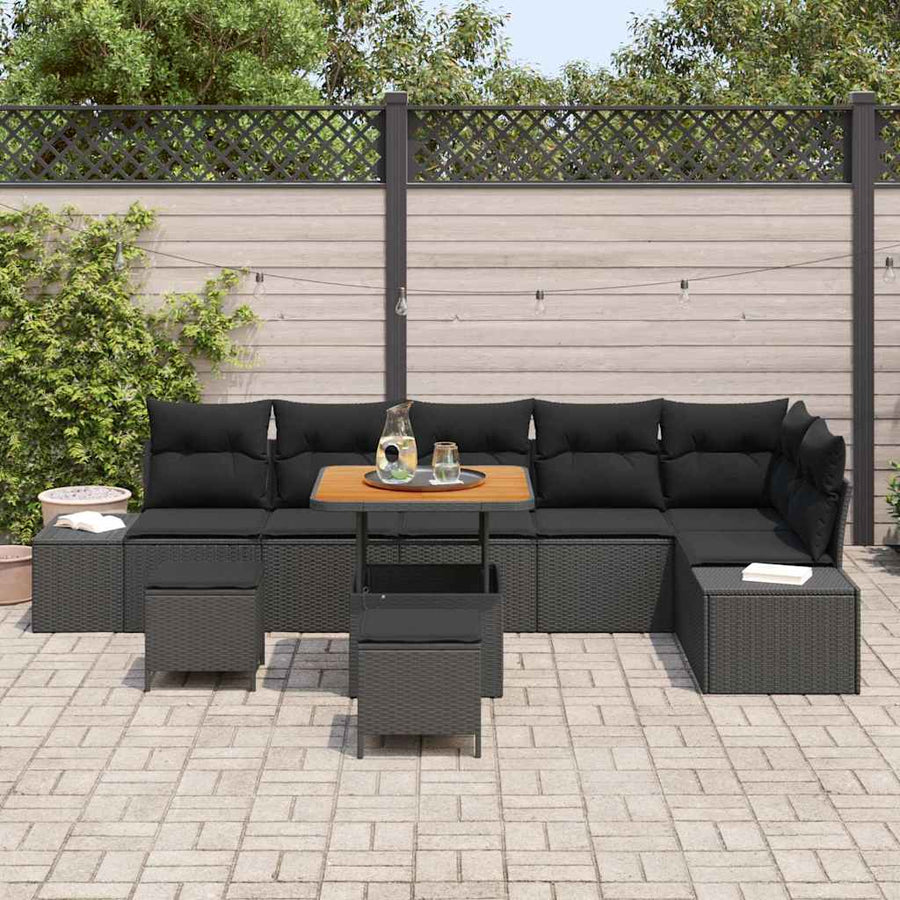 Tuinbankenset met kussen met opslag 9 pcs Zwart Poly riet