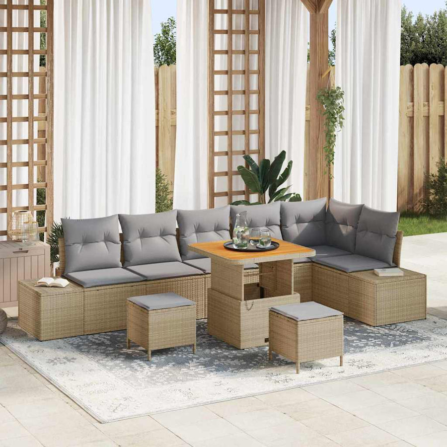 Tuinbankenset Met Kussen Met Opslag 9 Pcs Poly Riet 80 cm tafellengte beige en lichtgrijs