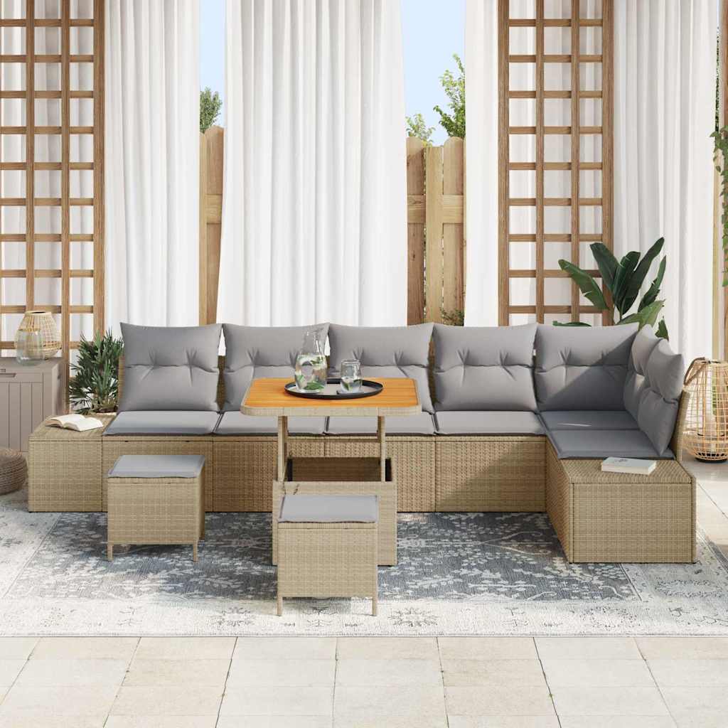 Tuinbankenset Met Kussen Met Opslag 9 Pcs Poly Riet 80 cm tafellengte beige en lichtgrijs