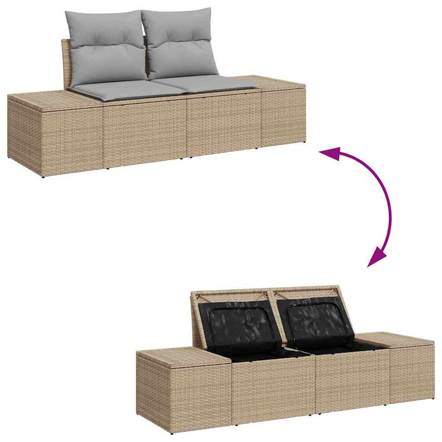 Tuinbankenset Met Kussen Met Opslag 9 Pcs Poly Riet 80 cm tafellengte beige en lichtgrijs