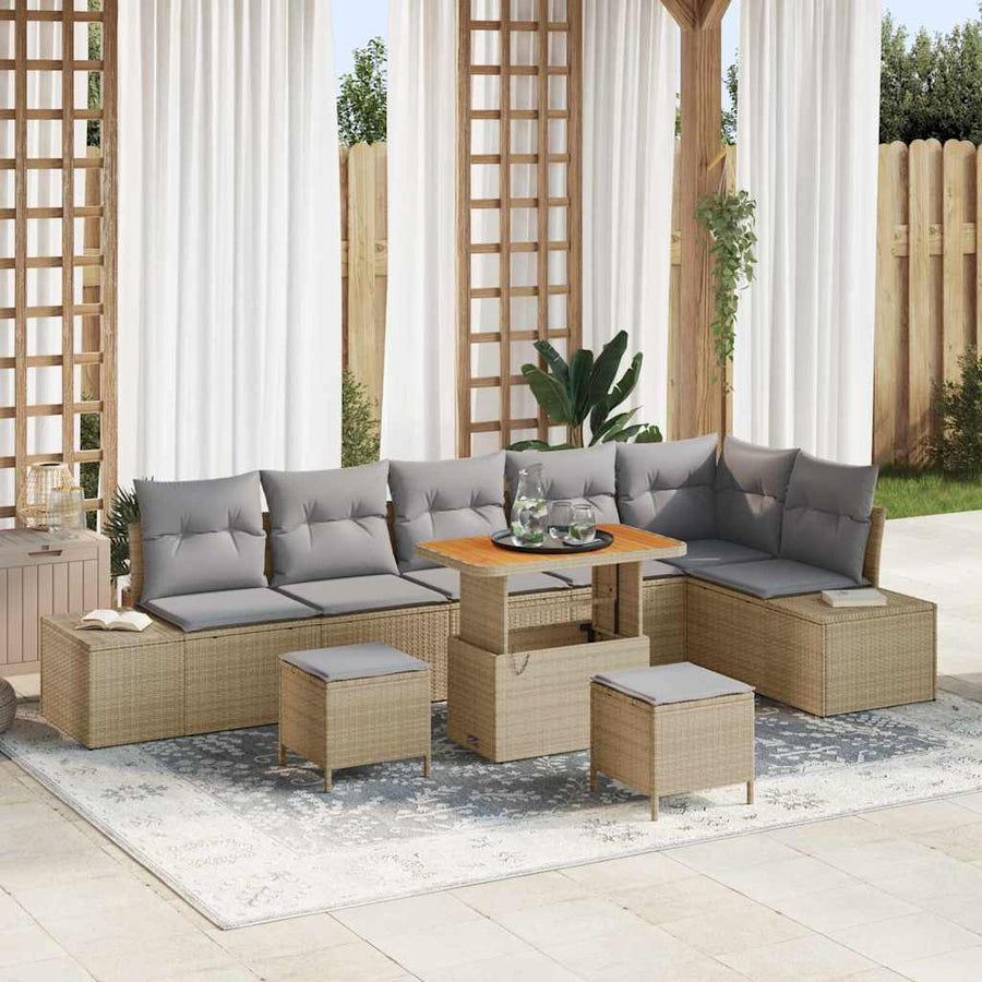 Tuinbankenset Met Kussen Met Opslag 9 Pcs Poly Riet 90 cm tafellengte beige en lichtgrijs