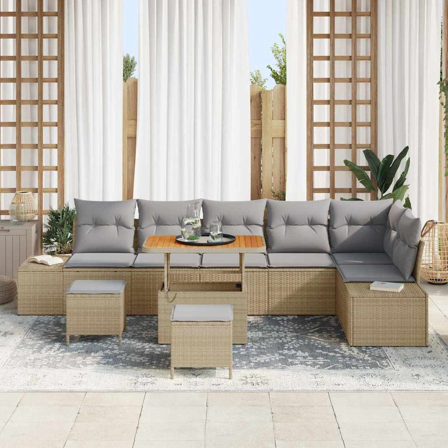 Tuinbankenset Met Kussen Met Opslag 9 Pcs Poly Riet 90 cm tafellengte beige en lichtgrijs