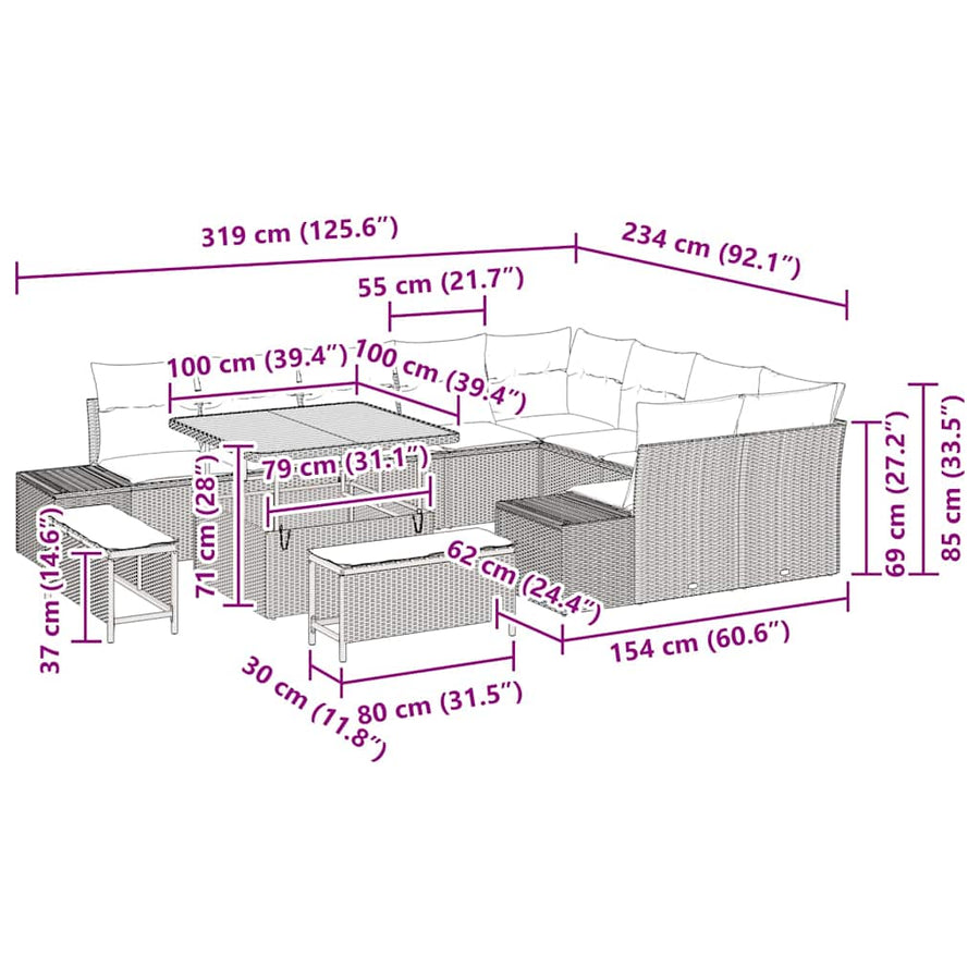 Tuinbankenset met kussen met opslag 12 pcs Zwart Poly riet