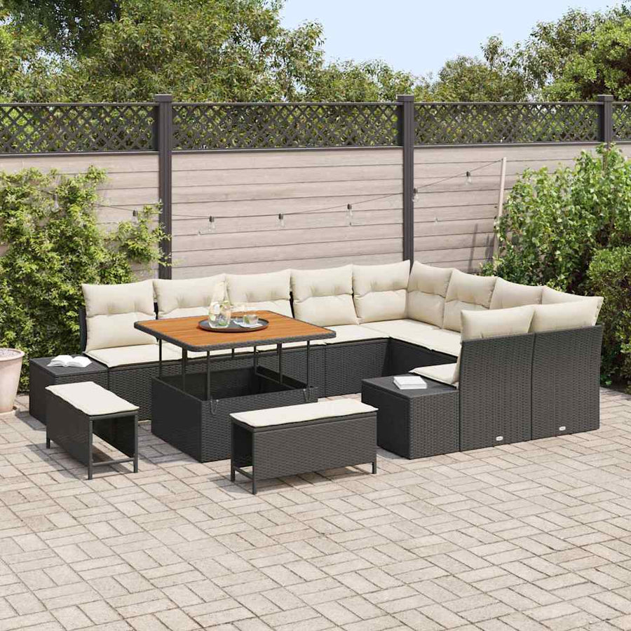 Tuinbankenset met kussen met opslag 12 pcs Zwart Poly riet