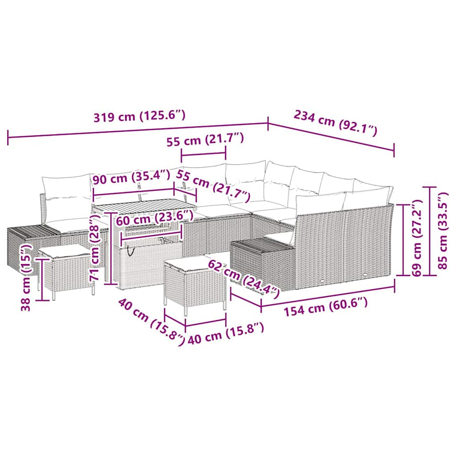Tuinbankenset met kussen met opslag 12 pcs Beige Poly riet