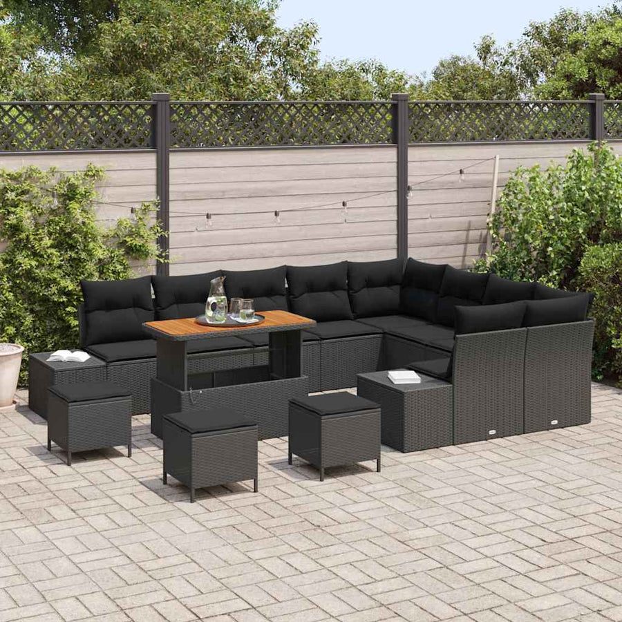 Tuinbankenset met kussen met opslag 13 pcs Zwart Poly riet