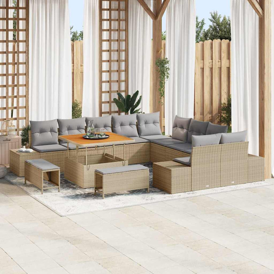 Tuinbankenset met kussen met opslag 13 pcs Beige Poly riet