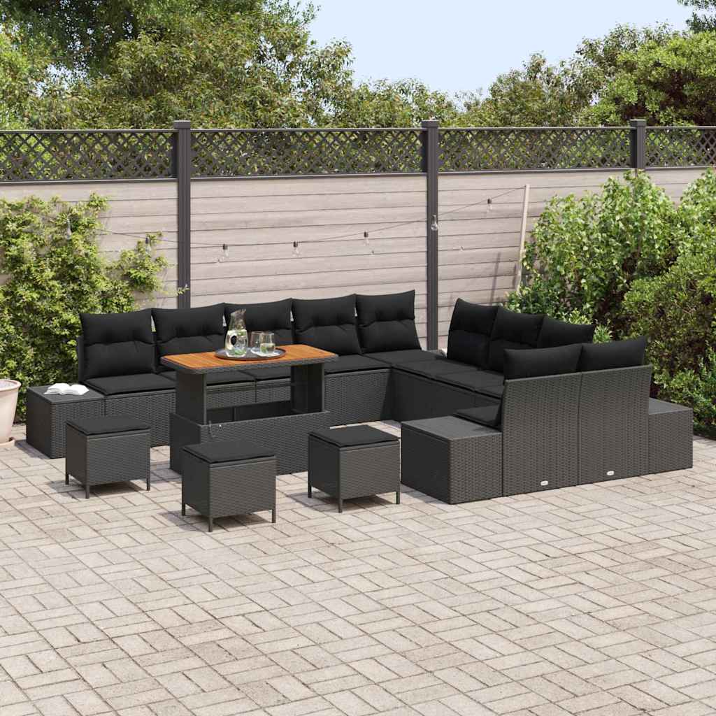 Tuinbankenset met kussen met opslag 14 pcs Zwart Poly riet