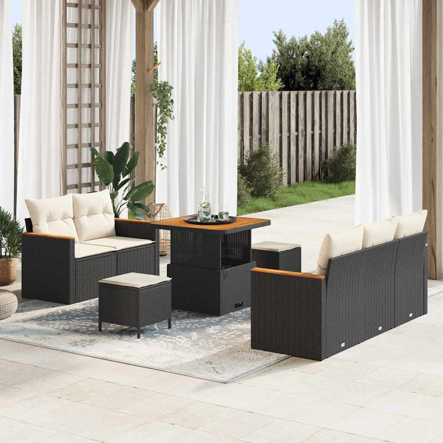 Tuinbankenset met kussen 10 pcs Zwart en Crème poly rattan