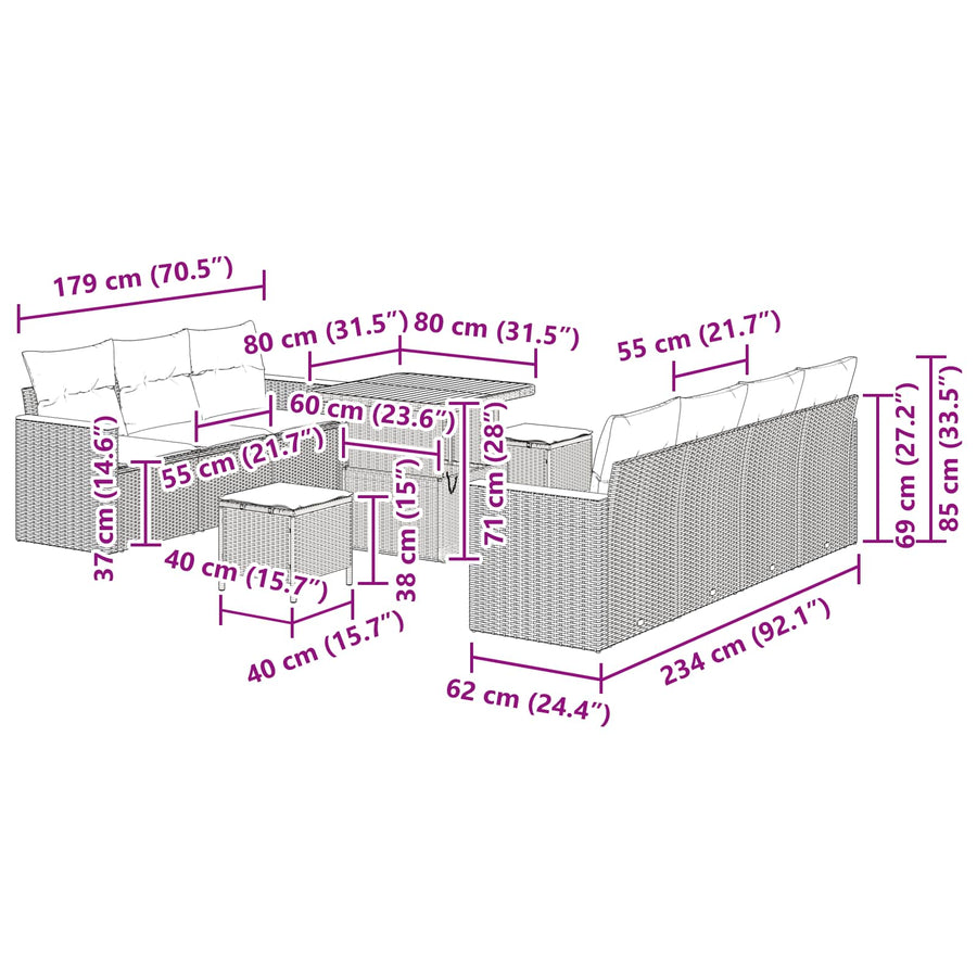 Tuinbankenset met kussen 14 pcs Zwart poly rattan