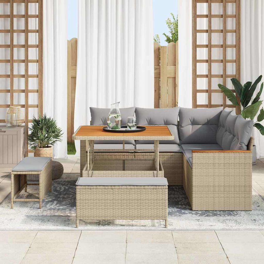 Tuin Sofa Set Met Kussen 8 Pcs Poly Riet 100 cm tafellengte beige en lichtgrijs
