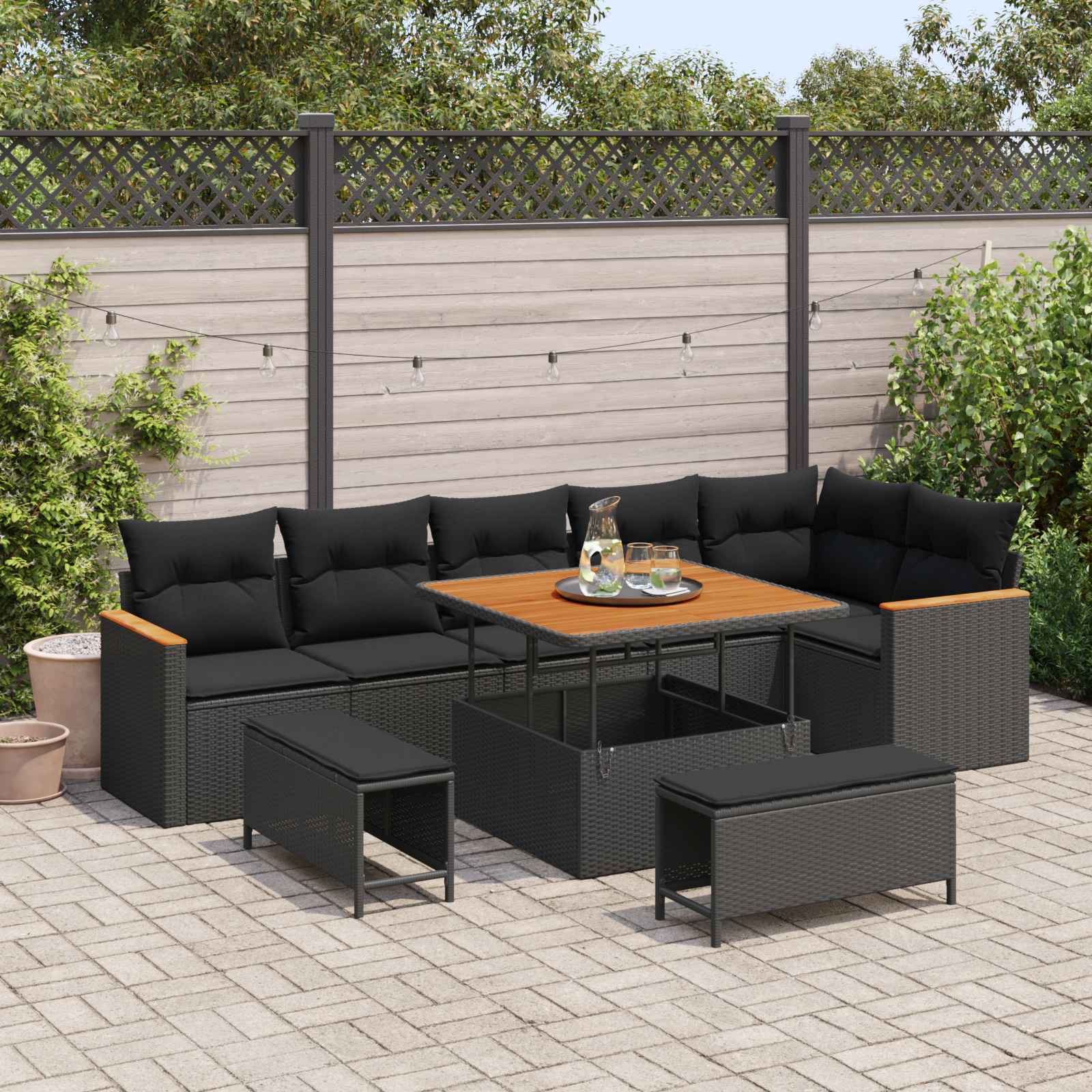 Tuin Sofa Set met kussen 9 pcs Zwart Poly riet