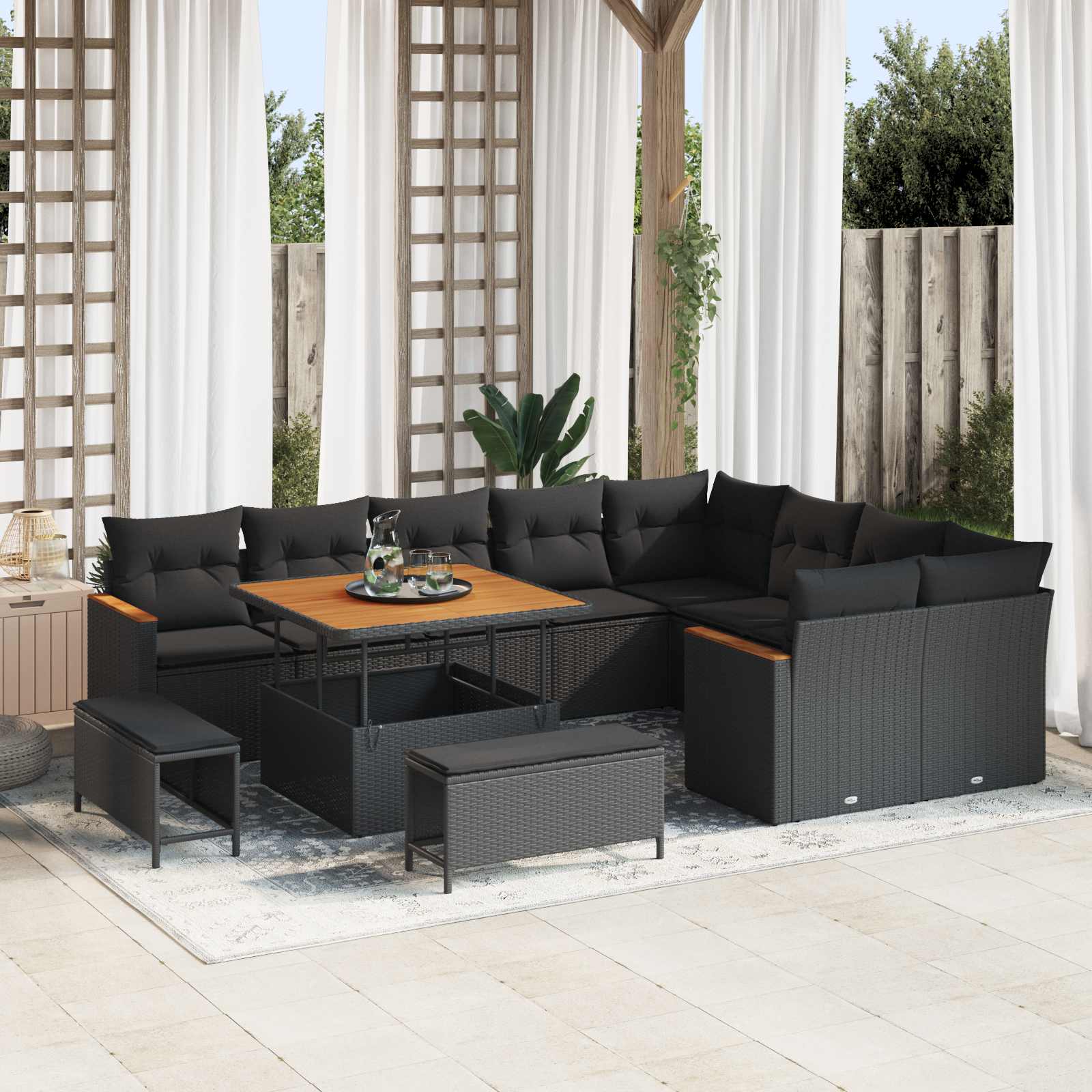 Tuin Sofa Set met kussen met opslag 12 pcs Zwart Poly Rattan