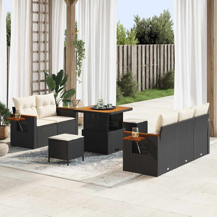 Tuinbankenset met kussen 10 pcs Zwart en Crème poly rattan