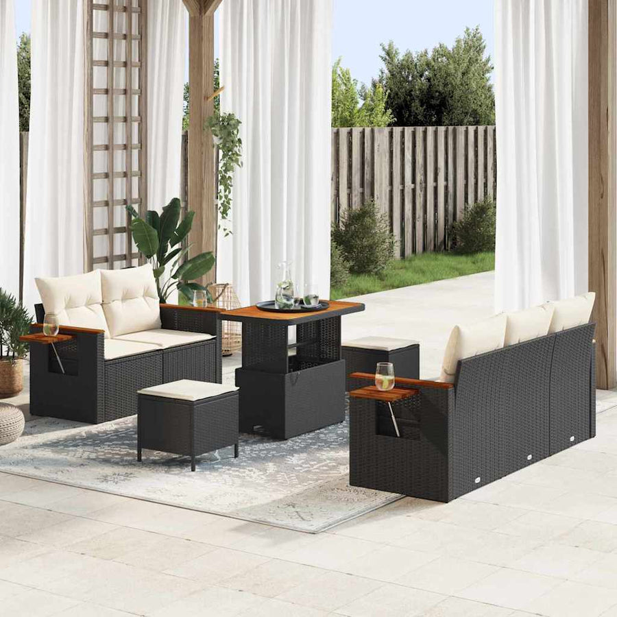 Tuinbankenset met kussen 10 pcs Zwart en Crème poly rattan