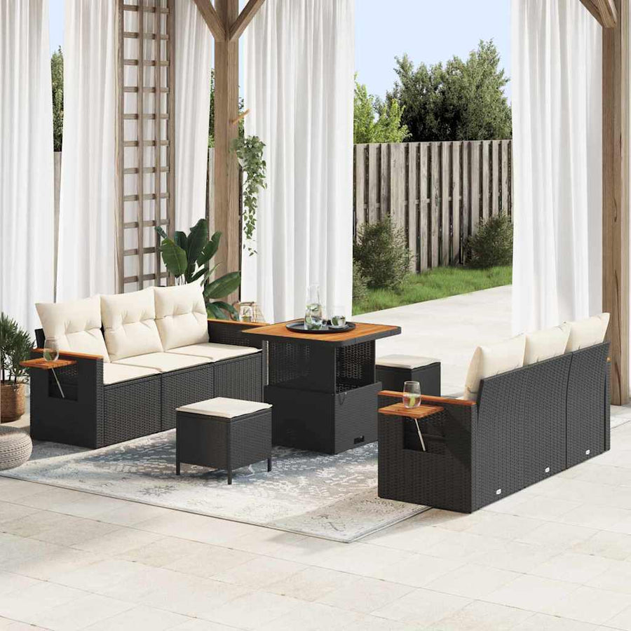 Tuinbankenset met kussen 11 pcs Zwart en Crème poly rattan