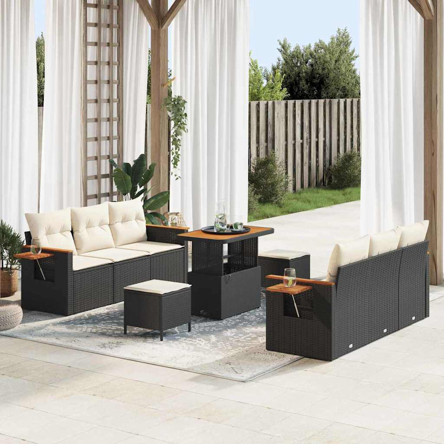 Tuinbankenset met kussen 11 pcs Zwart en Crème poly rattan