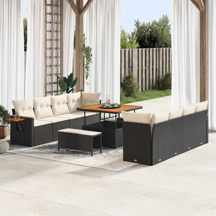 Tuinbankenset met kussen 12 pcs Zwart en Crème poly rattan