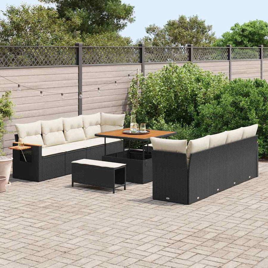 Tuinbankenset met kussen 12 pcs Zwart en Crème poly rattan