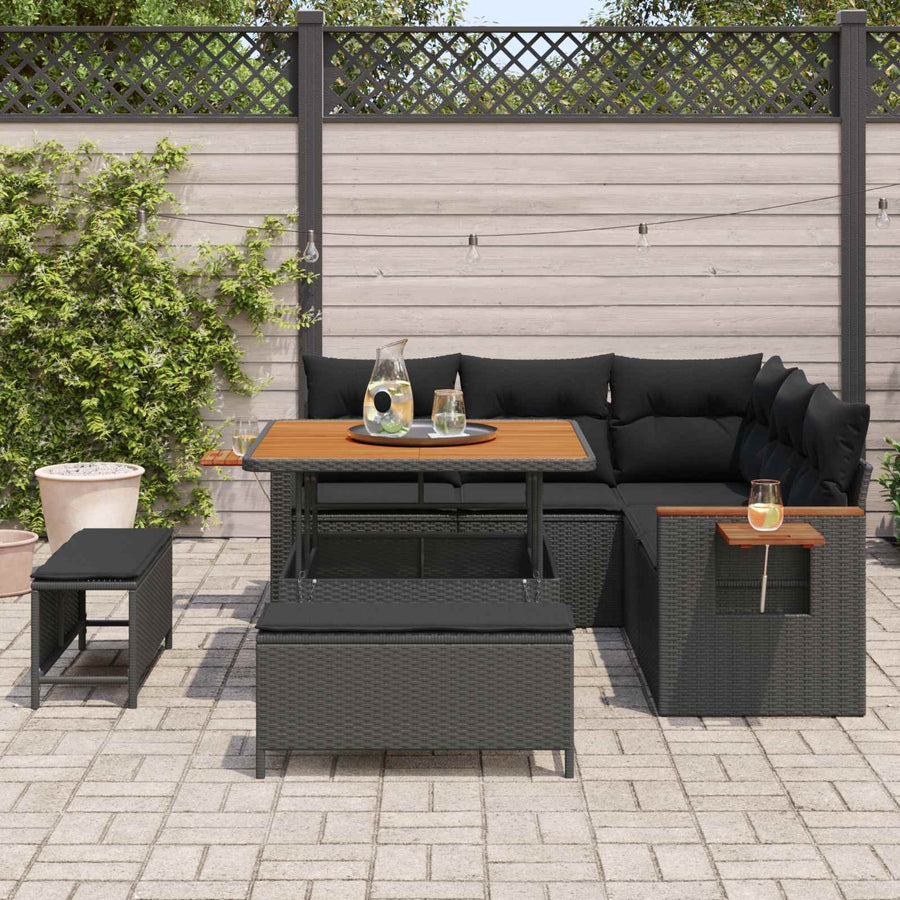 Tuinbankenset met kussen 9 pcs Zwart poly rattan