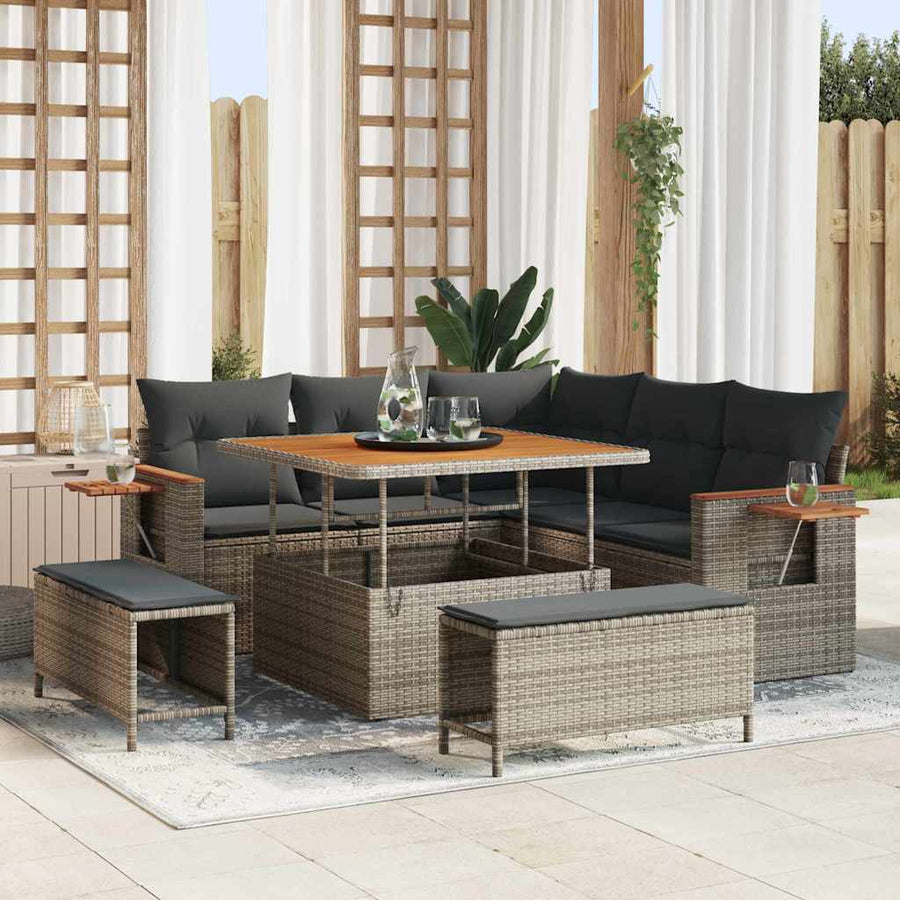 Tuinbankenset met kussen 9 pcs Grijs poly rattan