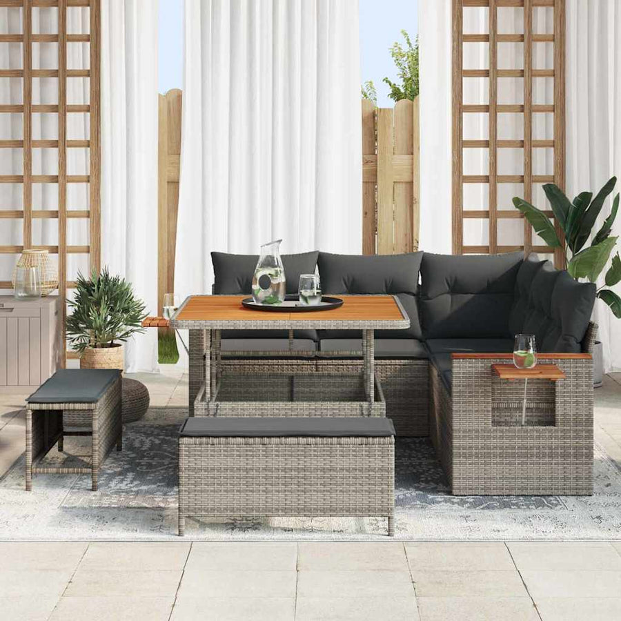 Tuinbankenset met kussen 9 pcs Grijs poly rattan