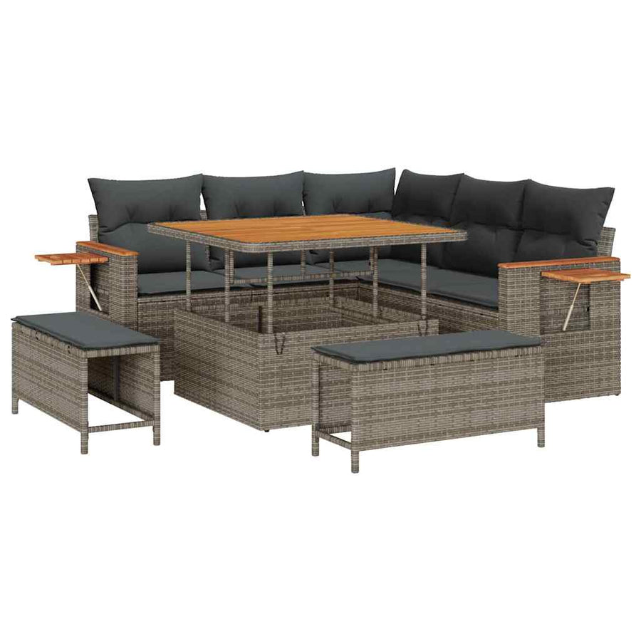 Tuinbankenset met kussen 9 pcs Grijs poly rattan