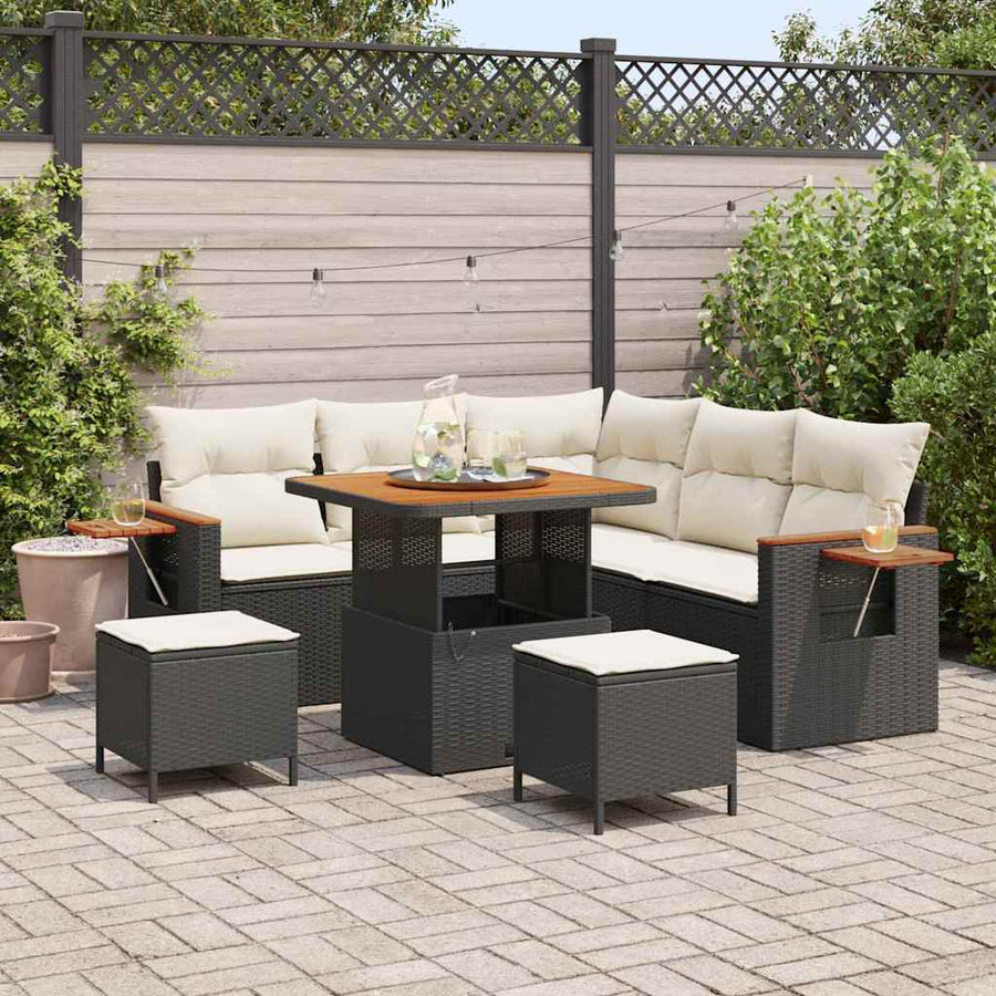 Tuinbankenset met kussen 9 pcs Zwart en Crème poly rattan