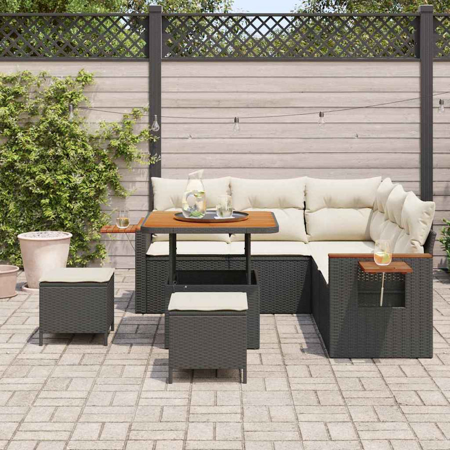 Tuinbankenset met kussen 9 pcs Zwart en Crème poly rattan