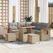 Tuin loungeset poly rattan acaciahout beige 9-delig