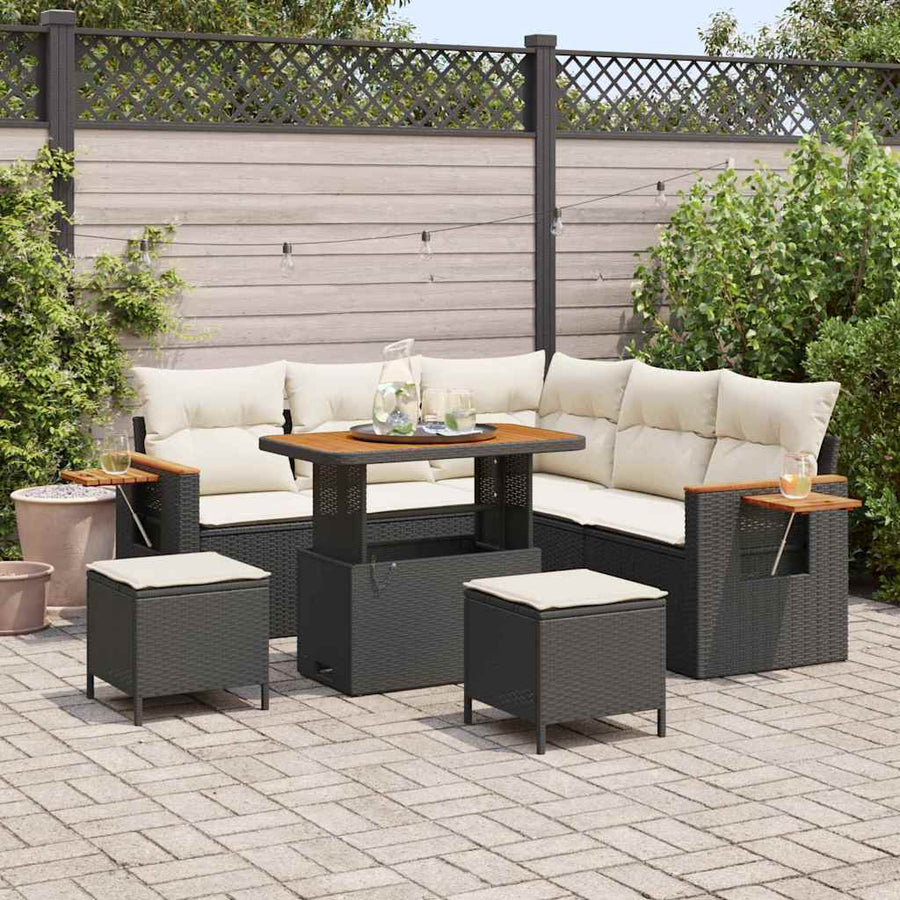 Tuinbankenset met kussen 9 pcs Zwart en Crème poly rattan
