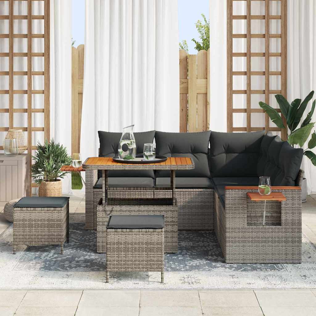 Tuinbankenset met kussen 9 pcs Grijs poly rattan