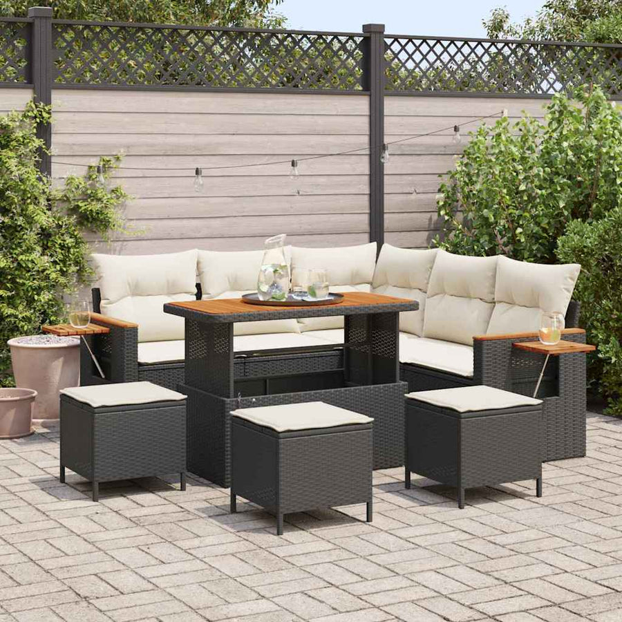 Tuinbankenset met kussen 10 pcs Zwart en Crème poly rattan